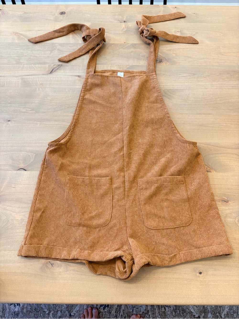 Corduroy Tie-Shoulder Short Overalls - Caramel
